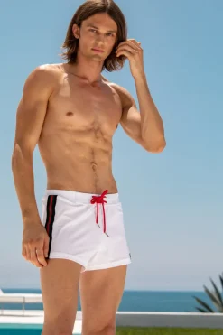 White Malibu Stripe Retro Lycra Swimmer